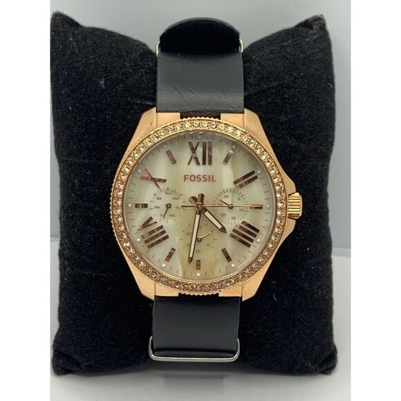 Fossil AM4616 Women's Black Leather Analog Beige Dial Genuine Wrist Watch RU239 - Picture 1 of 11